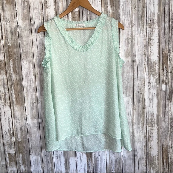 JODIFL Tops - Jodifl Mint Polka Dot Ruffle Edge High Low Blouse Women’s